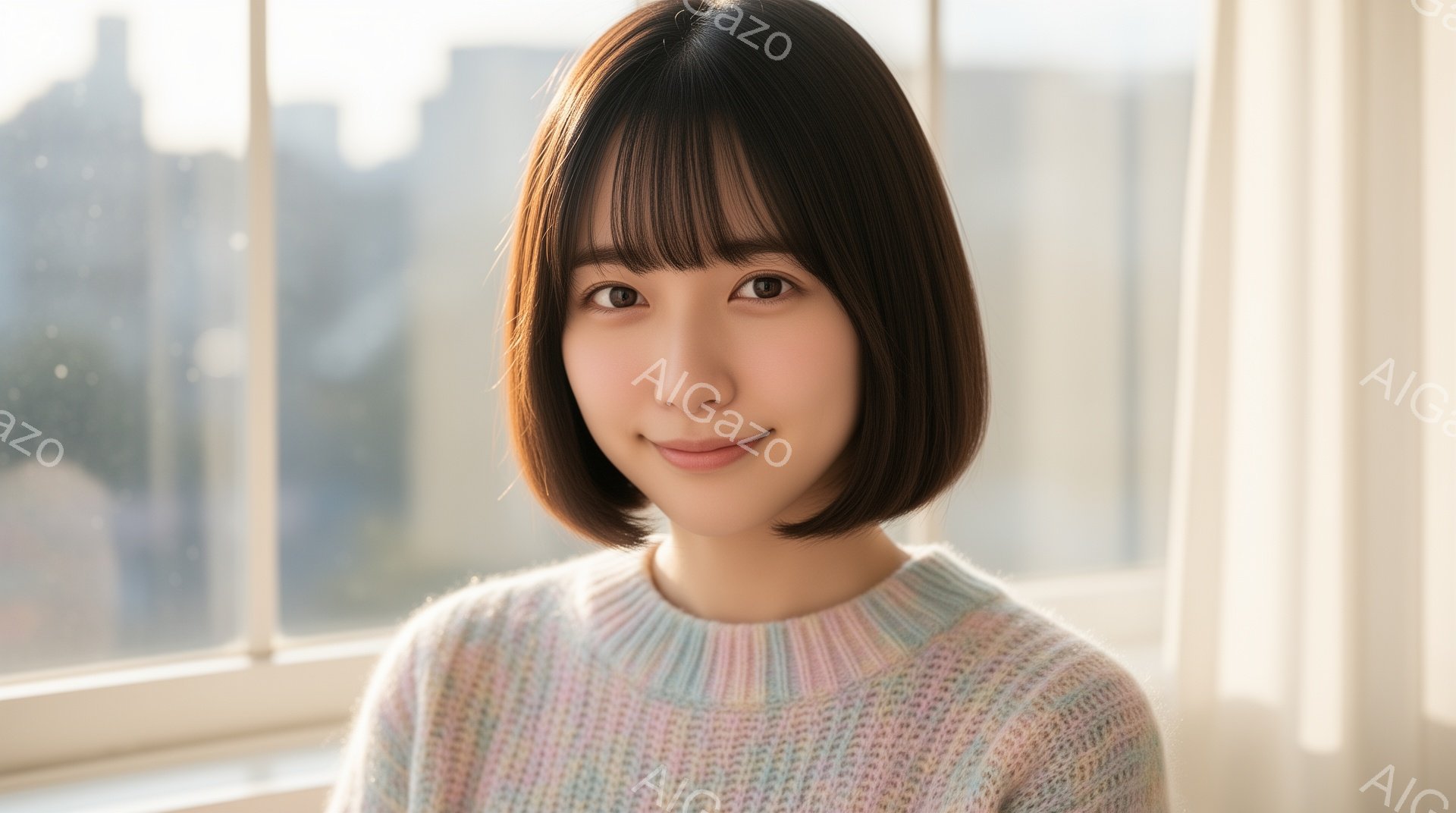 この女性は、窓の前で微笑んでいます。彼女は明るい色合いのセーターを着ており、前髪のあるボブヘアスタイルです。背景にはぼやけた建物が見え、全体的に柔らかく、温かい雰囲気です。