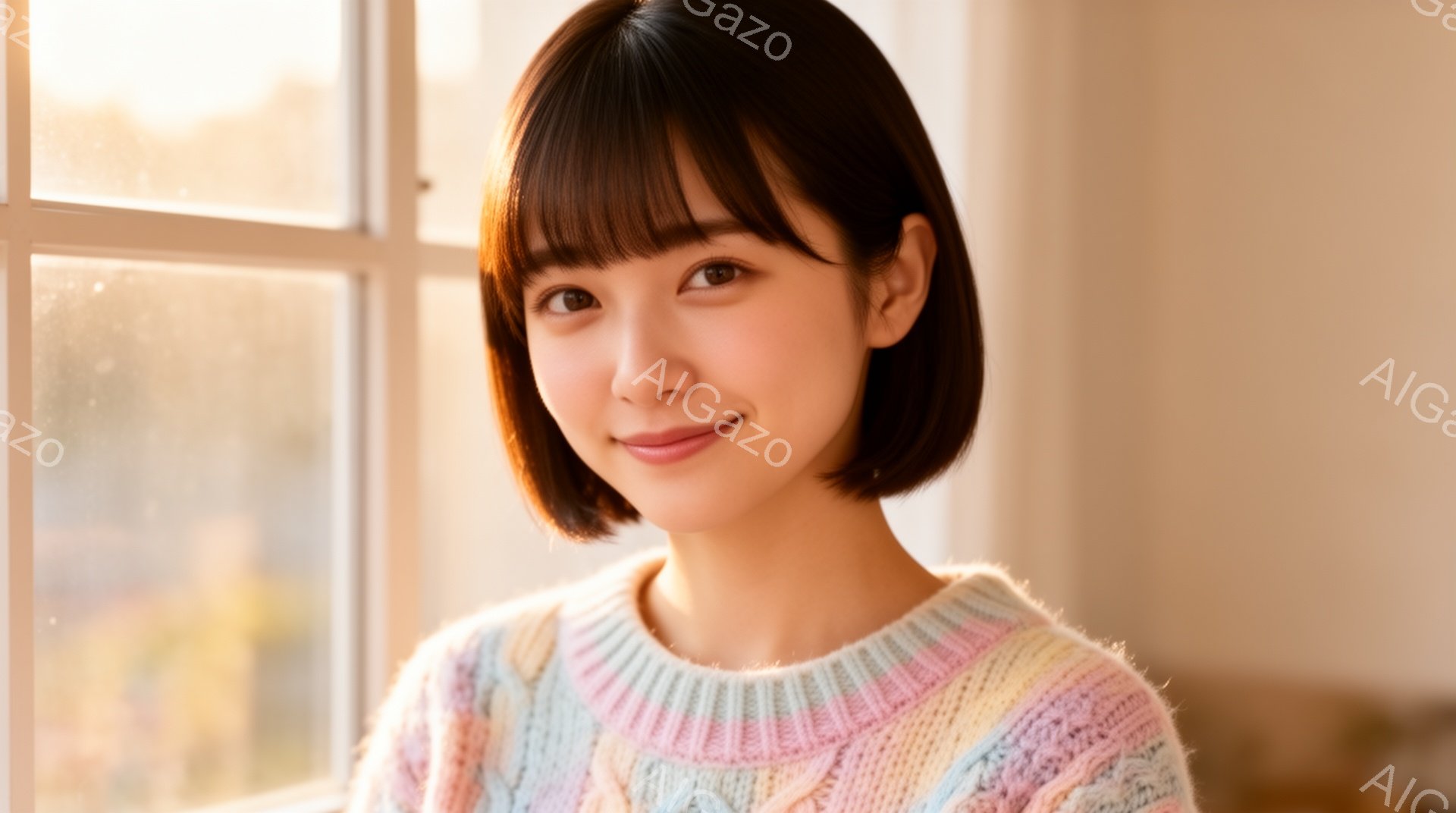明るい色のセーターを着た若い女性が写っている。彼女は短いボブヘアで、穏やかな笑顔を浮かべている。背景には窓があり、柔らかな光が差し込み、全体的に温かく優しい雰囲気を醸し出している。