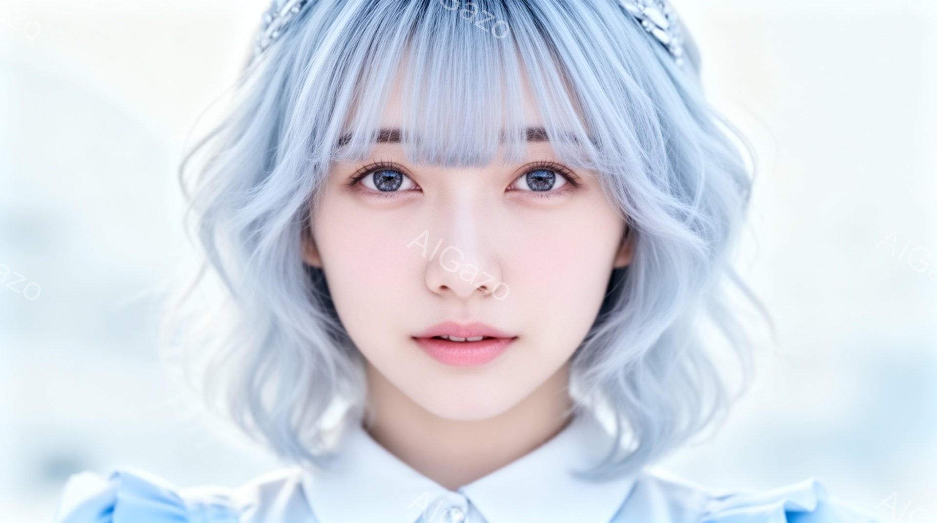 画像は、青い髪と青い瞳を持つ若い女性のクローズアップです。彼女は白い襟のついた薄い水色のドレスを着ており、額には銀色のヘッドバンドをつけています。彼女の表情は穏やかで、少し微笑んでいるように見え、全体的に幻想的で優しい雰囲気を醸し出しています。