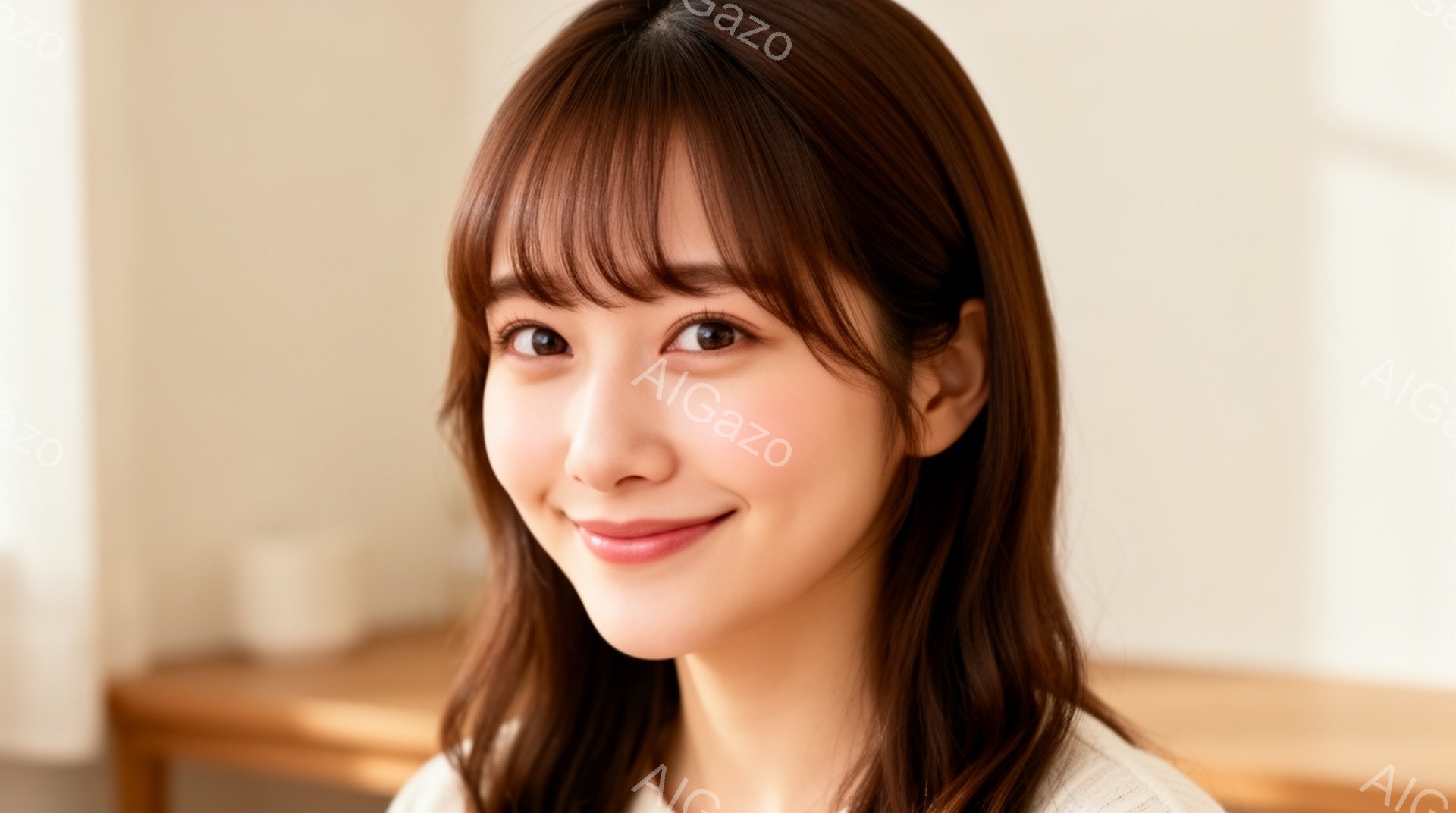 画像は、明るい笑顔を浮かべた若い女性のポートレートです。彼女は肩までの長さの茶髪で、前髪が少しカールしています。白いセーターを着ており、背景はぼかれていますが、木製の家具の一部が見え、暖かく穏やかな雰 - AI生成フリー素材