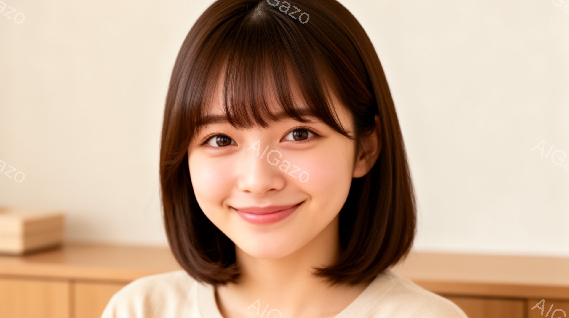 ショートヘアで前髪が目に少しかかる女性が写っています。白いセーターを着ており、穏やかな笑顔を浮かべています。背景は木製の棚で、室内でリラックスした雰囲気が漂っています。 - AI生成フリー素材