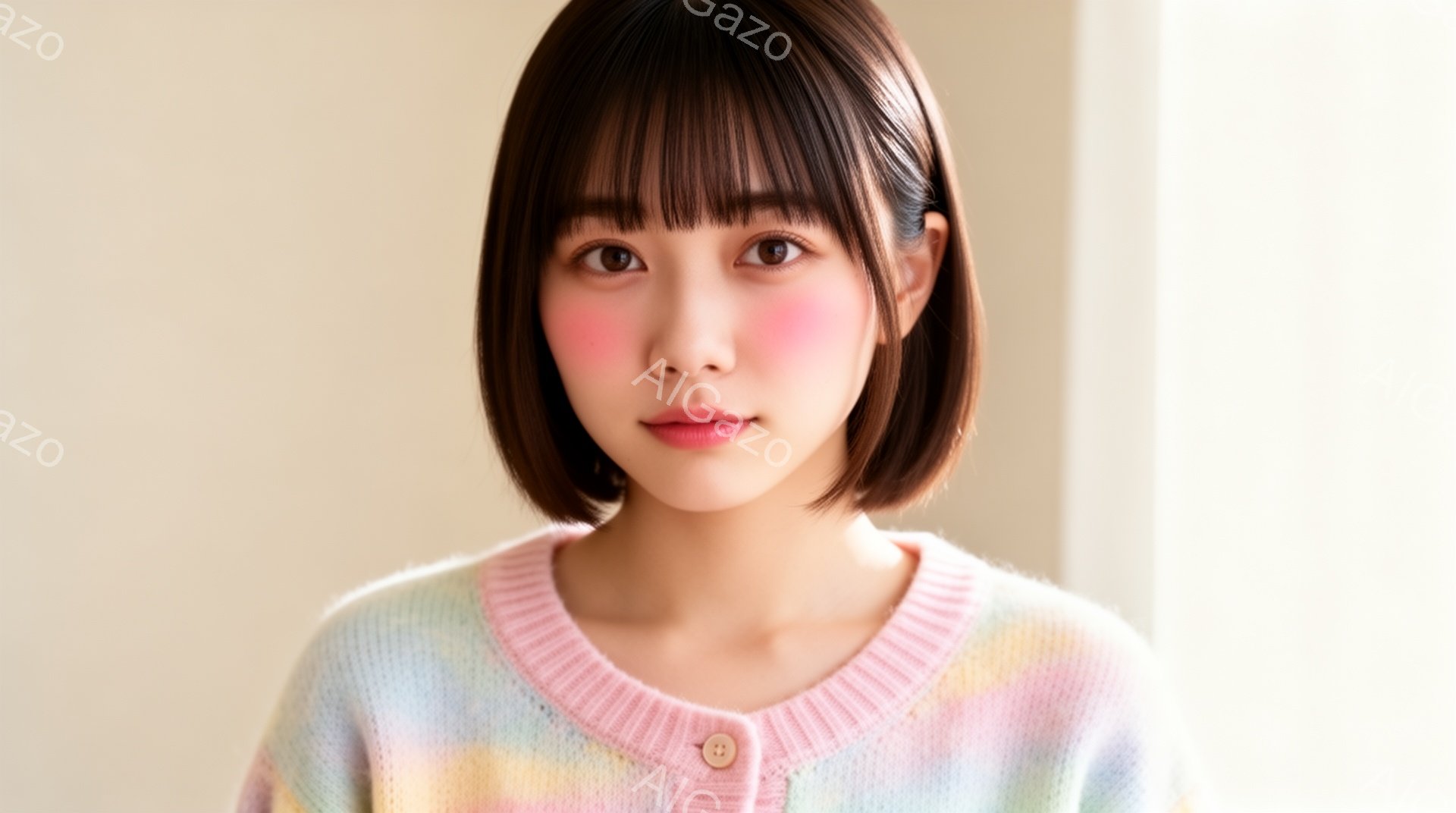 ショートヘアの若い女性が正面を向いて写っています。彼女はパステルカラーのストライプのカーディガンを着ており、ほのかな微笑みを浮かべています。背景は淡いベージュで、柔らかく優しい雰囲気を醸し出しています - AI生成フリー素材