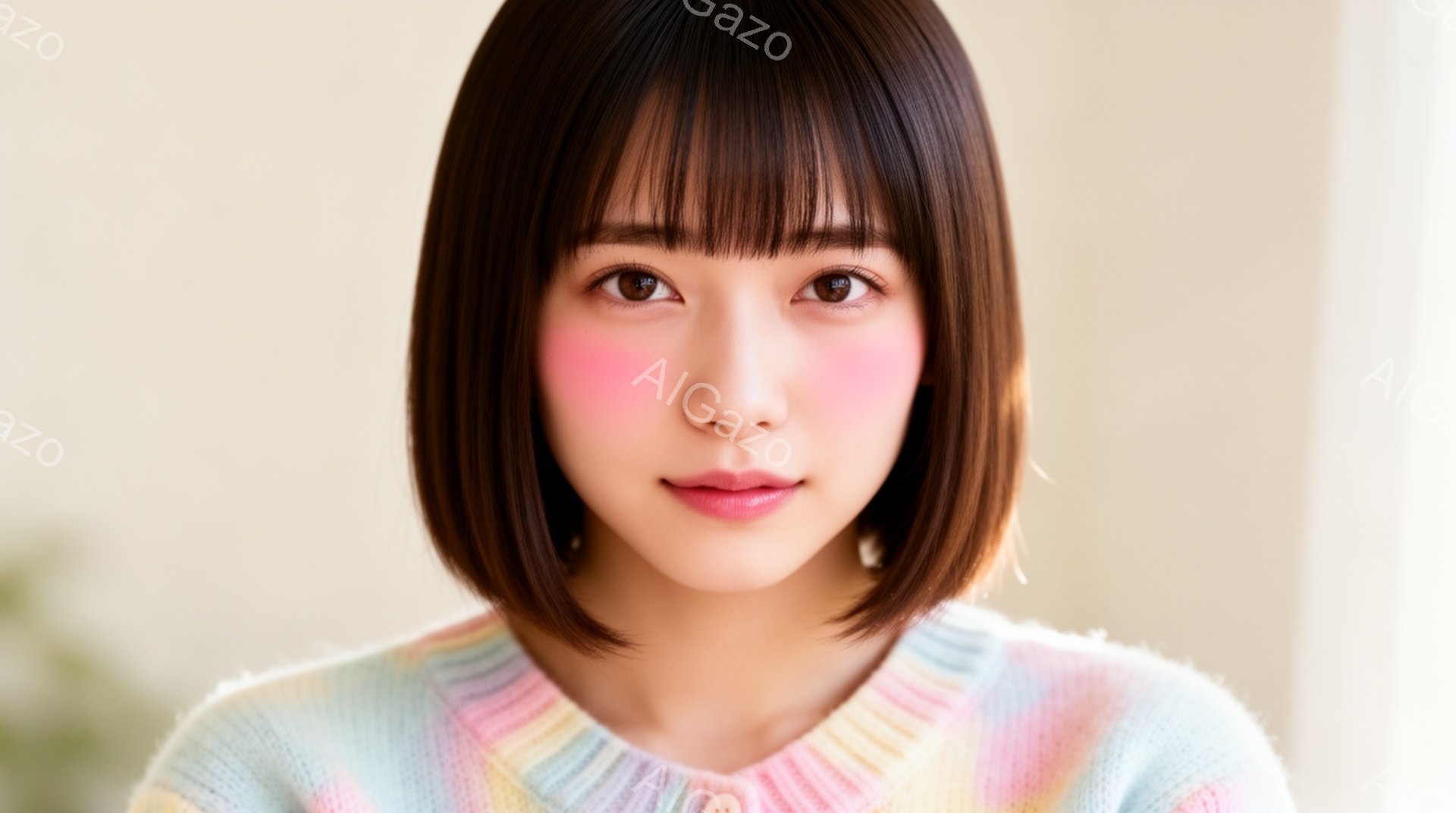 この女性は、明るい色のカーディガンを着ており、その表情は穏やかで少し微笑んでいるように見えます。彼女の髪型は短めのボブカットで、前髪は眉毛にかかるようにカットされています。背景はぼやけていますが、淡い - AI生成フリー素材