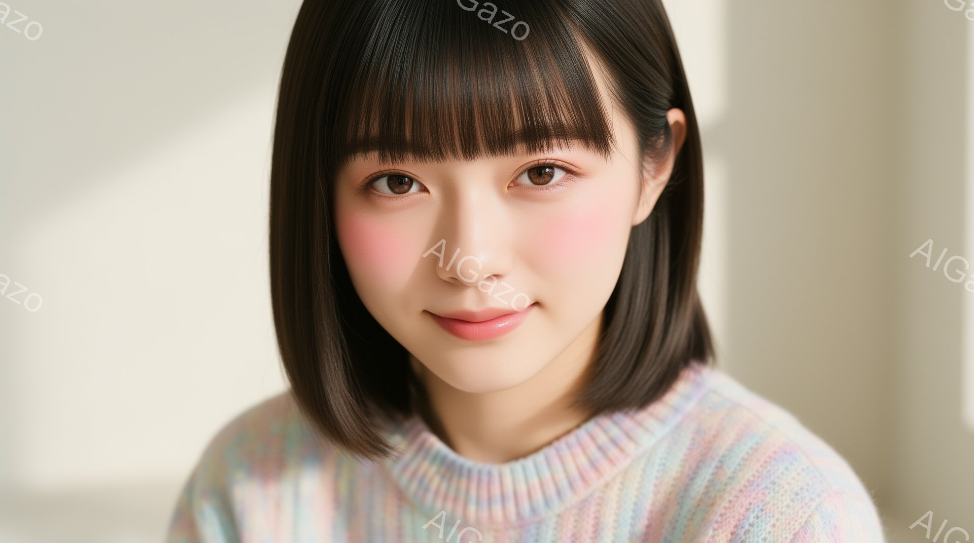 短い黒髪で、前髪ぱっつんの女性が写っています。明るい色のセーターを着ており、少し微笑んでおり、穏やかな表情をしています。背景はぼやけており、全体的に柔らかく優しい雰囲気を醸し出しています。 - AI生成フリー素材