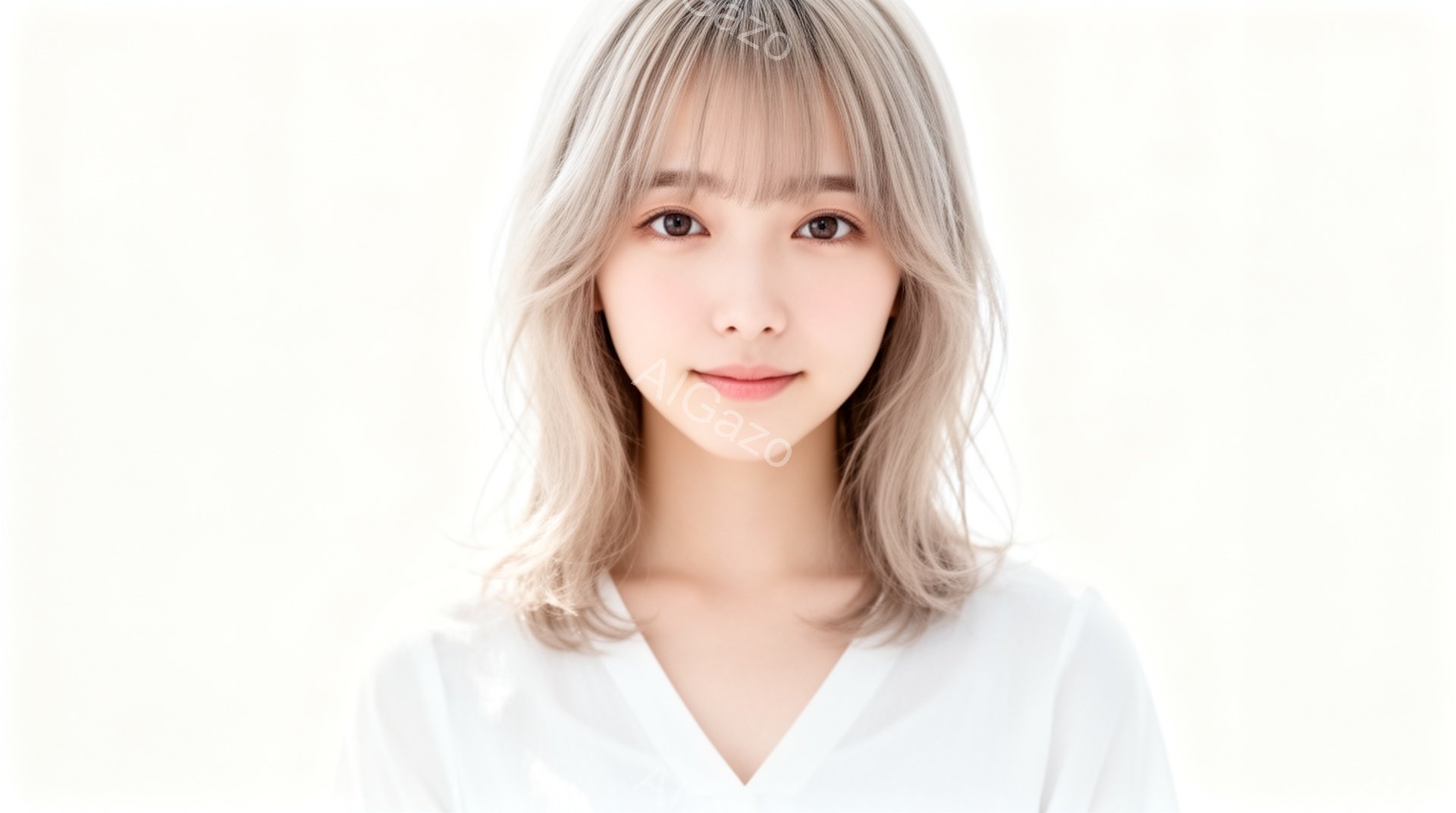 明るい茶色の髪を肩まで伸ばした若い女性が写っています。白いVネックのブラウスを着ており、穏やかな微笑みを浮かべています。背景は白一色で、人物が際立っており、全体的に柔らかく優しい雰囲気を醸し出していま - AI生成フリー素材