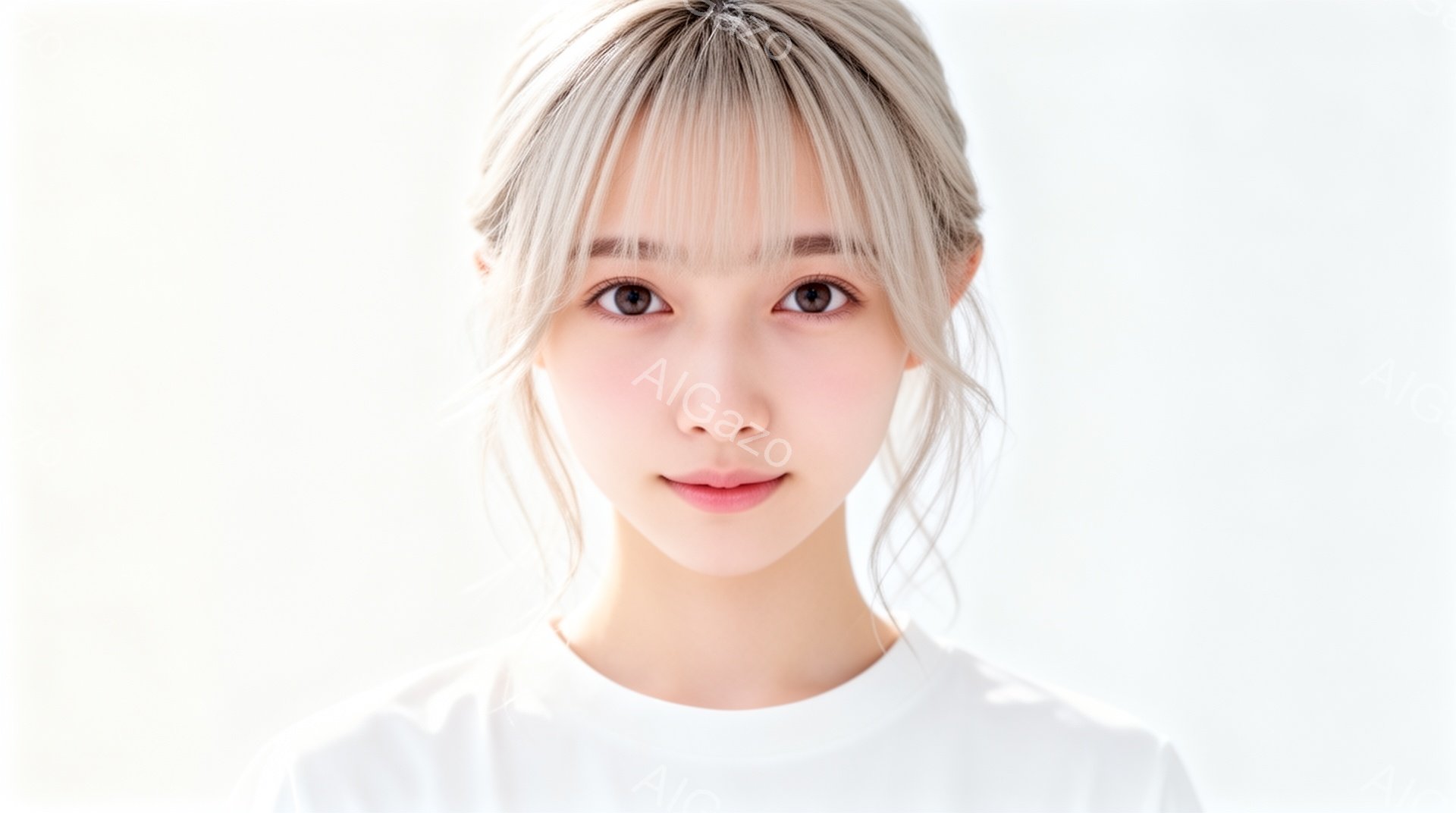 この女性は、白いTシャツを着ており、明るい茶色のゆるふわパーマヘアをしています。彼女はカメラに向かって微笑んでおり、穏やかで親しみやすい表情をしています。背景は白く、彼女が際立っており、全体的に柔らか - AI生成フリー素材