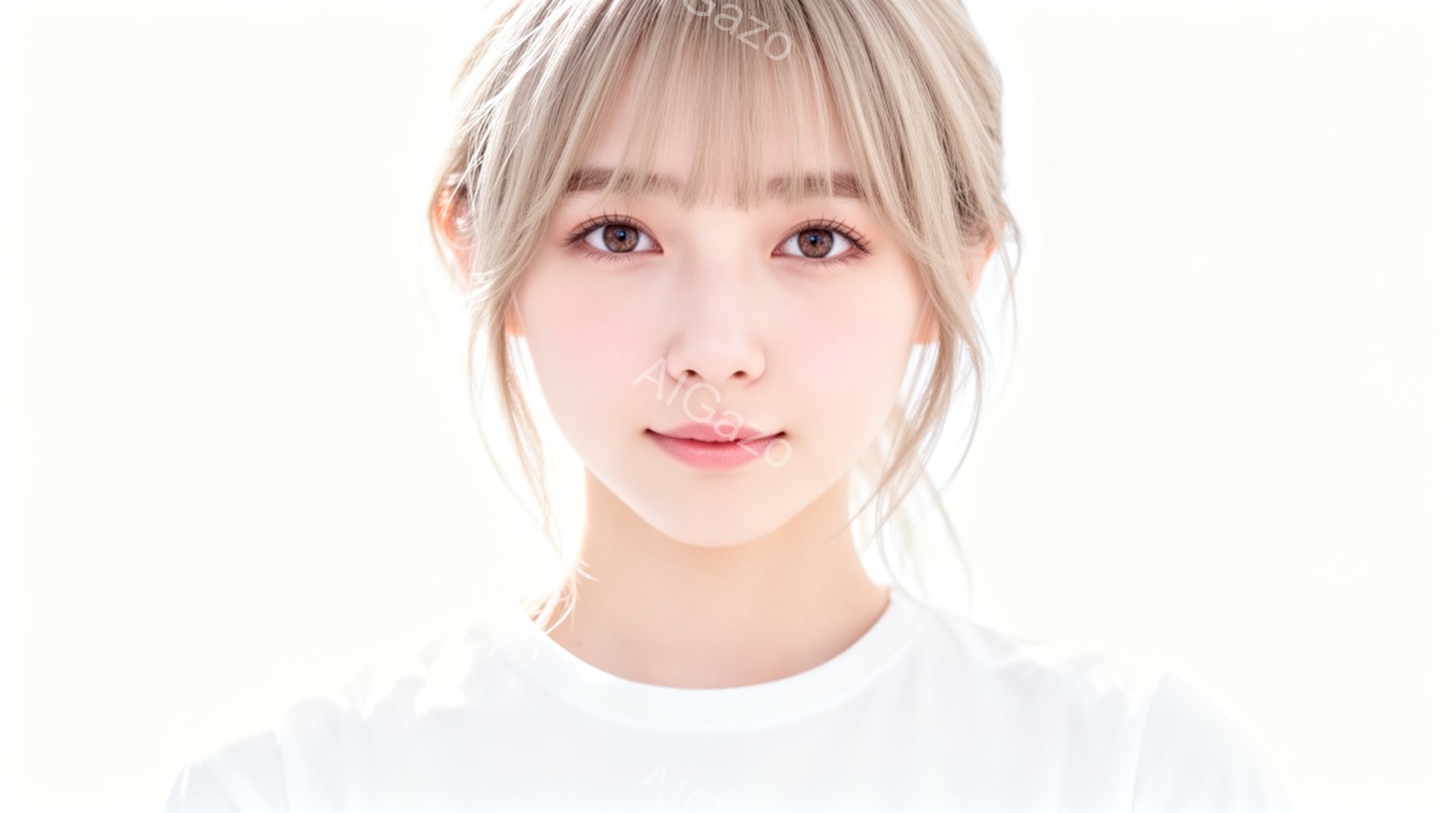 この女性は、明るい茶色の前髪のあるストレートヘアで、白いシンプルなTシャツを着ています。彼女は正面をまっすぐ見ており、わずかに微笑んでいるように見え、穏やかで優しい表情をしています。背景は白く、彼女が - AI生成フリー素材