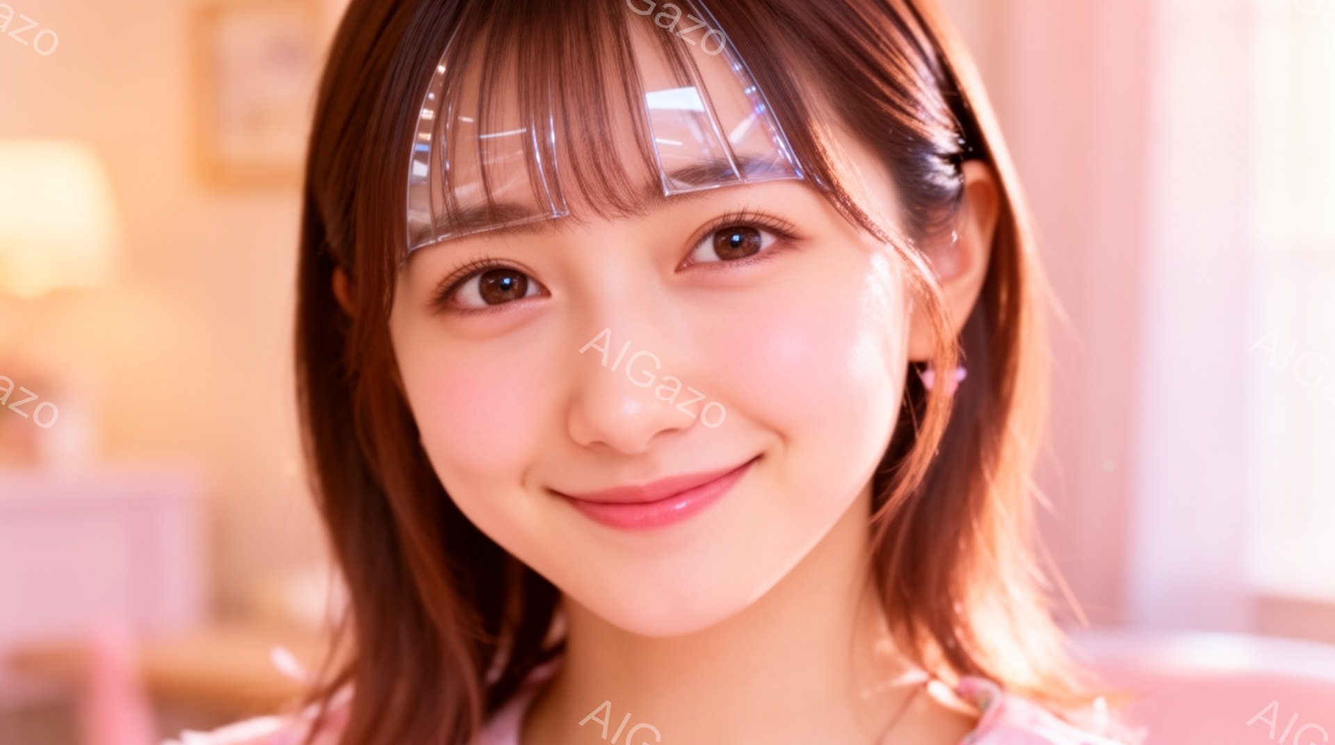 明るい茶色の髪の女性が、カメラに向かって微笑んでいます。彼女は肩まで届く長さの髪をしており、前髪には透明なヘアアクセサリーがついています。背景はぼやけていますが、ピンクがかった暖かい雰囲気で、室内であることがわかります。