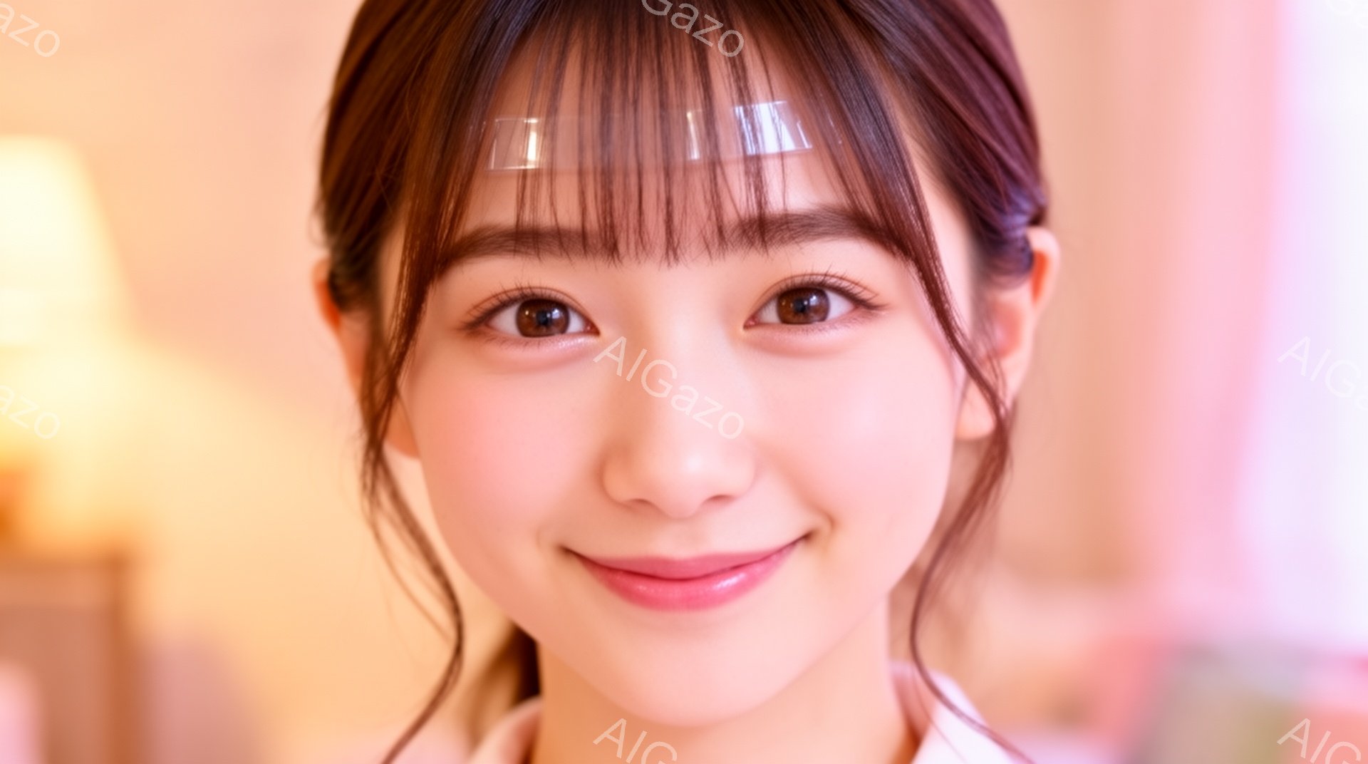 画像は、明るい笑顔を浮かべた若い女性のクローズアップです。彼女は前髪に白いヘアアクセサリーをつけており、茶色の髪は肩にかかる長さで、白い襟の服を着ています。背景はぼやけていますが、柔らかなピンクとベージュの色合いが見られ、全体的に温かく親しみやすい雰囲気です。