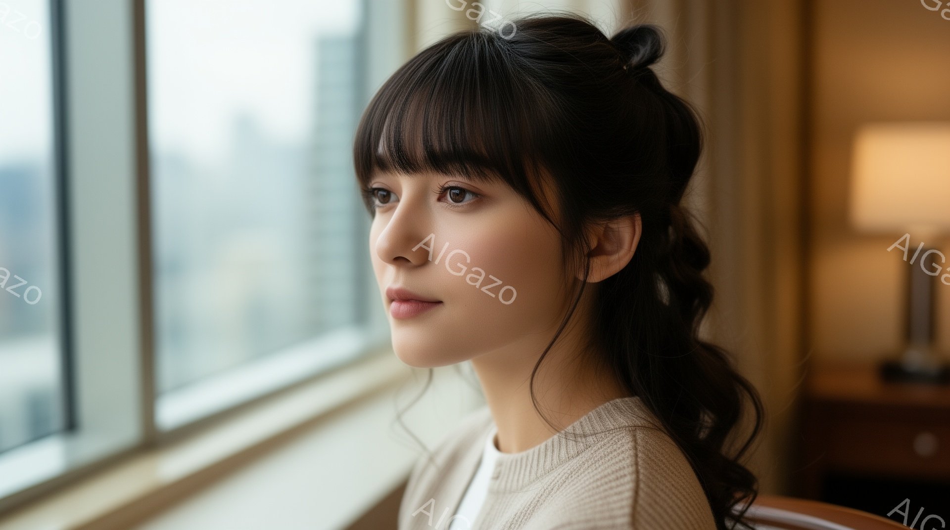 長い黒髪をハーフアップにした若い女性が、窓の外を見つめています。ベージュのセーターを着ており、少し憂いを帯びた表情を浮かべています。背景には高層ビルが見え、室内は明るく落ち着いた雰囲気です。 - AI生成フリー素材