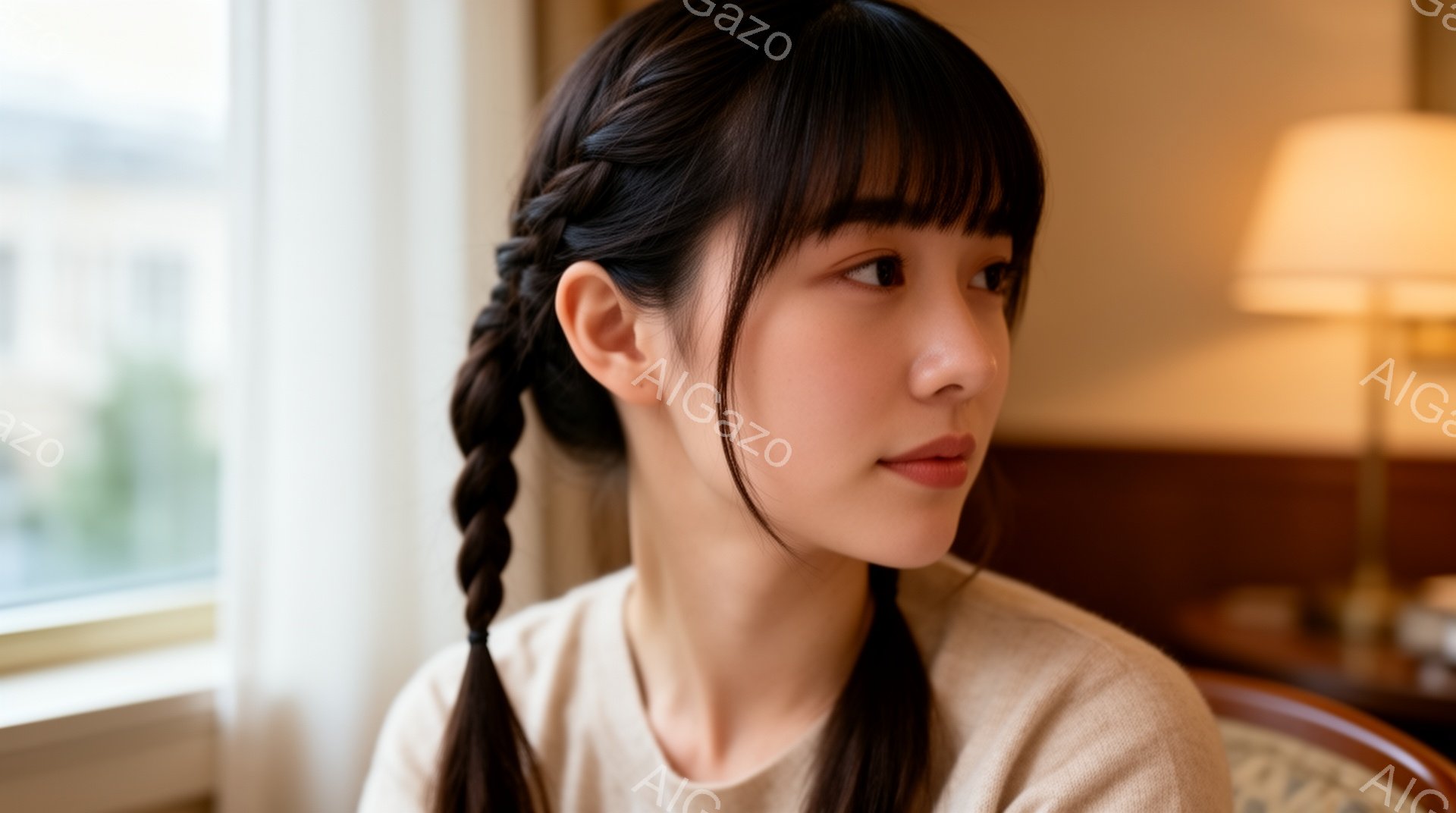 若い女性が、窓の外を見つめています。彼女は明るいベージュ色のセーターを着ており、二本の三つ編みが特徴的なヘアスタイルです。表情は穏やかで、どこか物思いにふけっているようです。 - AI生成フリー素材