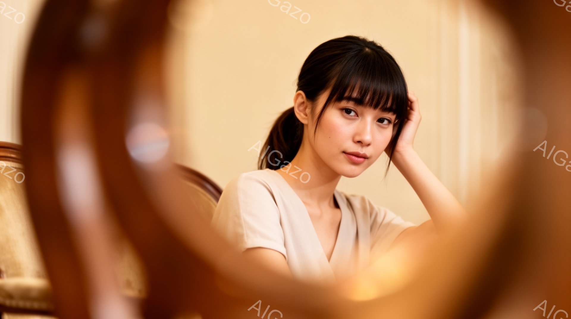 画像には、ベージュ色のVネックのトップスを着た若い女性が写っています。彼女は髪を後ろで一つにまとめ、片手を頭に当てて少し微笑んでいます。背景はぼやけていますが、クラシックな家具がわずかに見え、全体的に - AI生成フリー素材