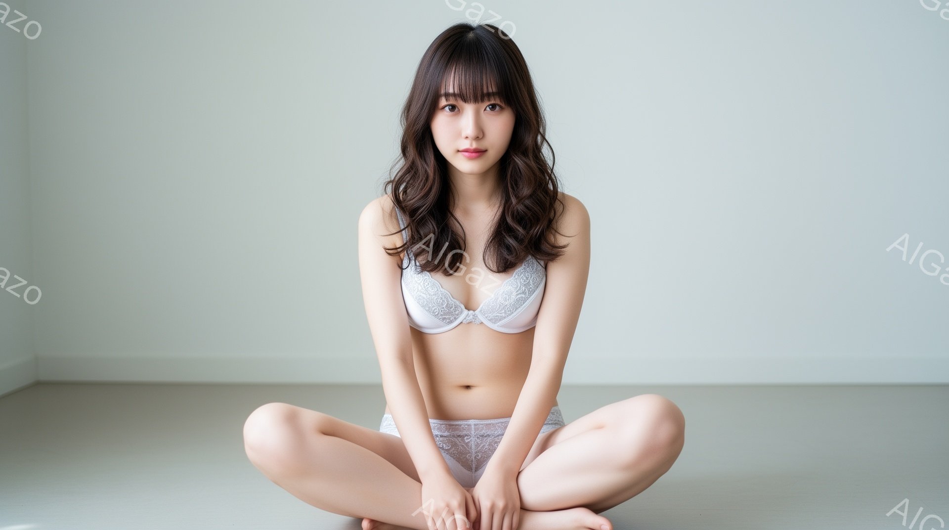 長い黒髪を無造作にウェーブさせた女性が、白いレースのブラとショーツを身につけ、床に座って膝を抱えています。表情は穏やかで、まっすぐにカメラを見つめています。背景は薄いグレーのシンプルな壁と床で、全体的に柔らかく清潔な雰囲気を醸し出しています。