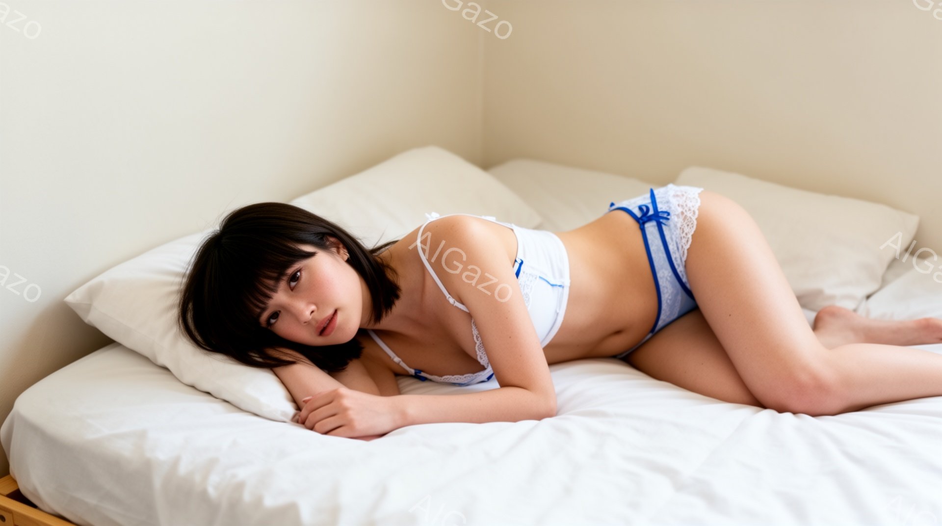 黒髪の女性が白いベッドに横たわっています。淡い青色のレースがあしらわれた白い下着を着用し、片腕で枕を支えながらカメラを見ています。背景は白くシンプルな部屋で、リラックスした穏やかな雰囲気が漂っています - AI生成フリー素材