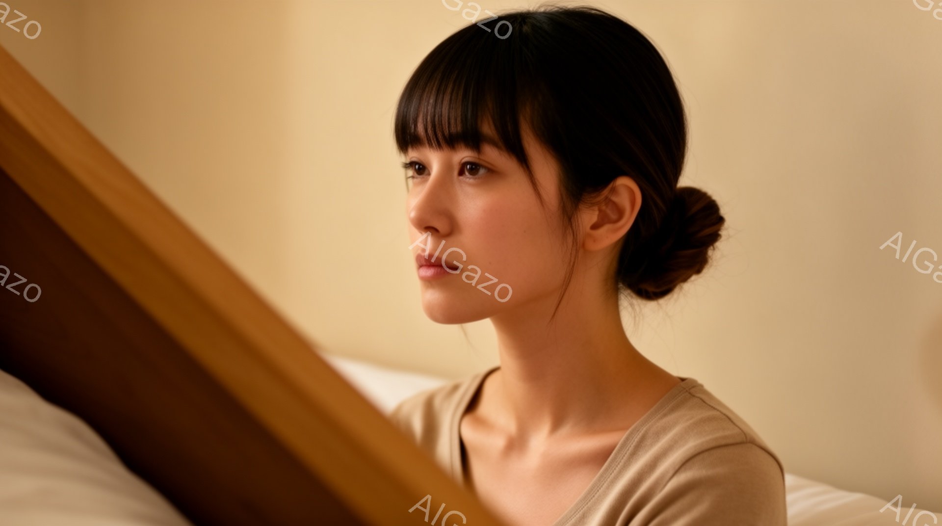 画像には、薄茶色のトップスを着た若い女性が写っています。彼女は髪を後ろでまとめ、少し物憂げな表情で何かを見つめています。背景はぼやけていますが、木製のフレームと白い寝具の一部が見え、穏やかで内省的な雰囲気が漂います。
