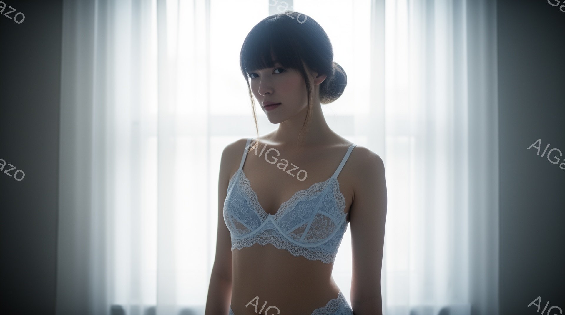 モデルは繊細なレースのブラとショーツを身に着け、窓辺で静かに佇んでいます。彼女は髪を後ろでまとめ、穏やかな表情で正面を見つめています。背景は白いカーテンで、柔らかく光が差し込み、優雅で落ち着いた雰囲気 - AI生成フリー素材