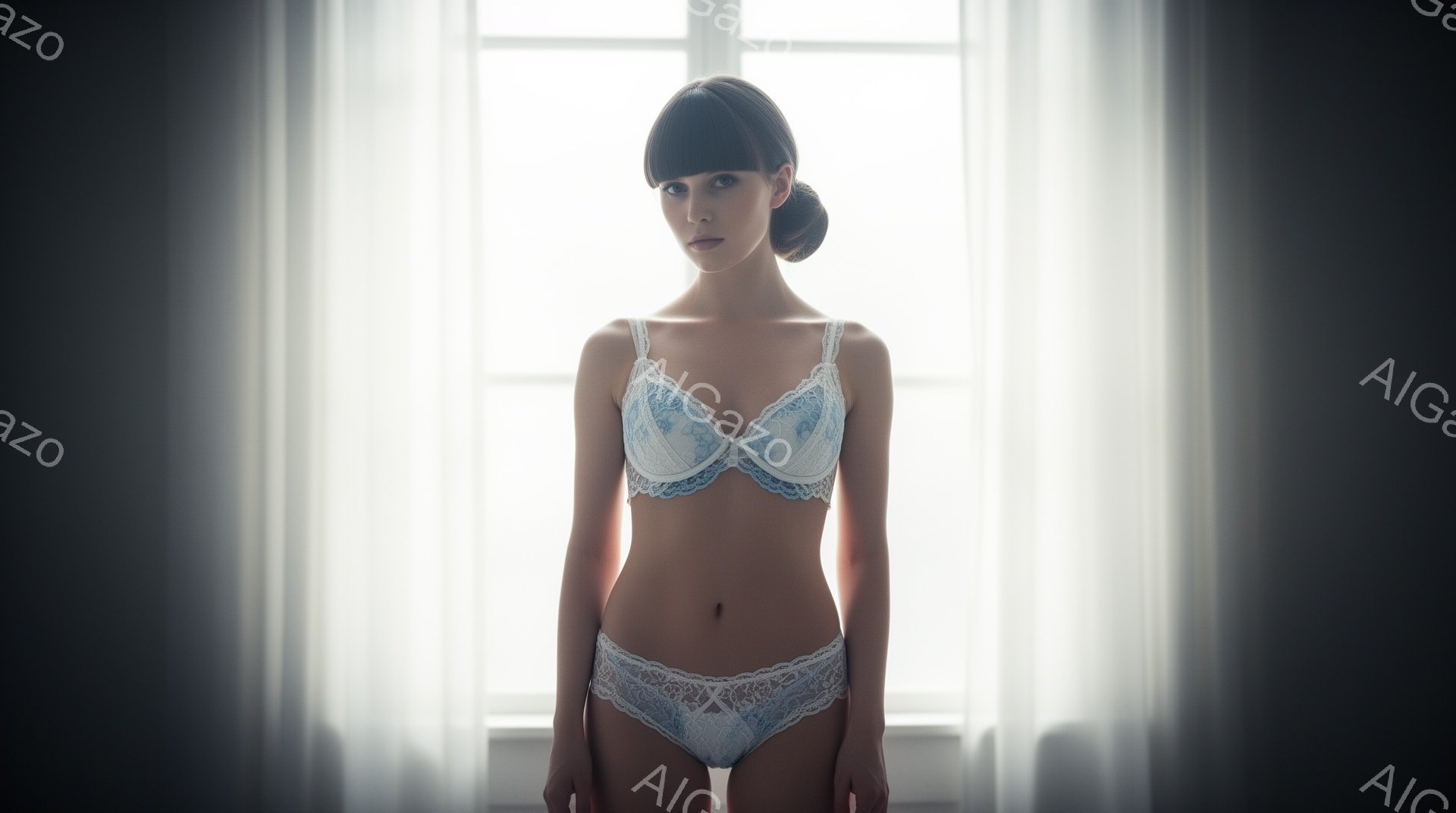 浅い青色の繊細なレースのブラとショーツを身につけた女性が正面を向いて立っています。彼女は髪を後ろでまとめ、落ち着いた表情でカメラを見つめています。背景は白いカーテンでぼやけており、室内で柔らかい光が差 - AI生成フリー素材