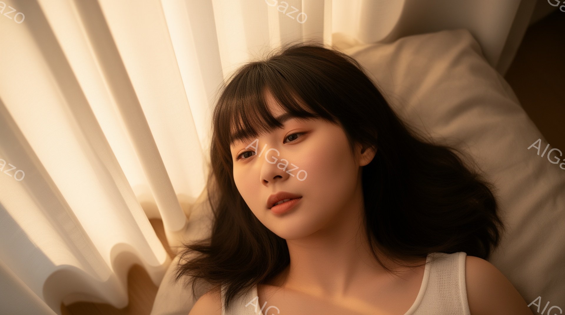 濃い茶色の髪の女性が、白いタンクトップを着て、ベッドに横たわっています。彼女は少し微笑んでおり、リラックスした表情をしています。背景には明るい光が差し込む白いカーテンがあり、暖かく穏やかな雰囲気を醸し - AI生成フリー素材