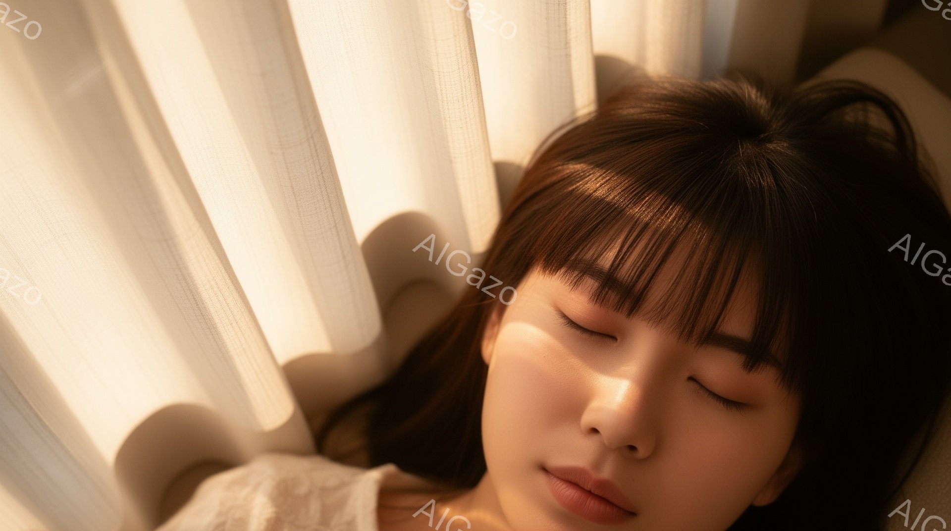 暖かく柔らかな光が差し込む中で、若い女性が横たわっています。彼女は目を閉じ、穏やかな表情で、白いレースのブラウスを着用しています。背景には明るいカーテンが並び、リラックスした、安らかな雰囲気を醸し出しています。