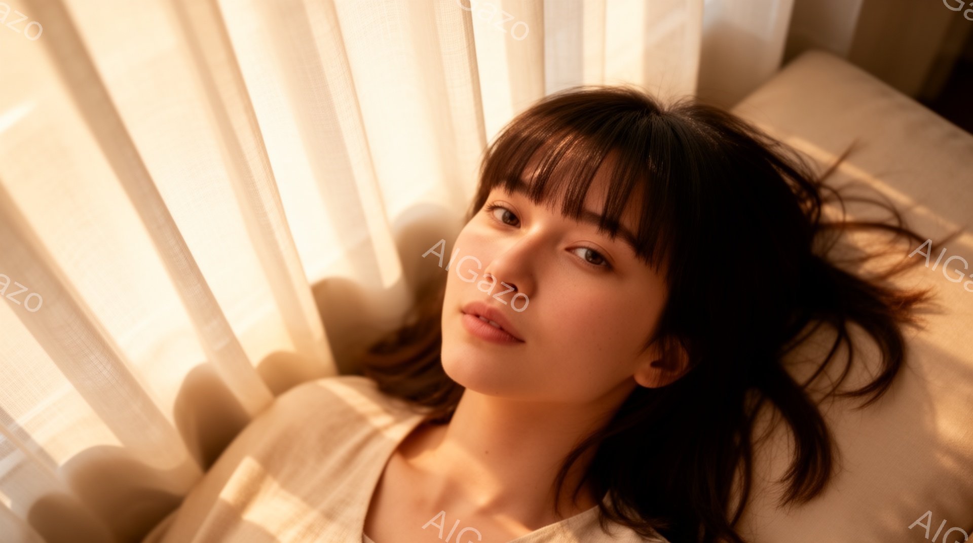 明るい光の中で、茶色の髪の女性が仰向けに横たわっています。彼女は白いトップスを着ており、表情は穏やかで、カメラを見つめています。背景には白いカーテンが光を通して柔らかく映り込み、暖かくリラックスした雰囲気を醸し出しています。