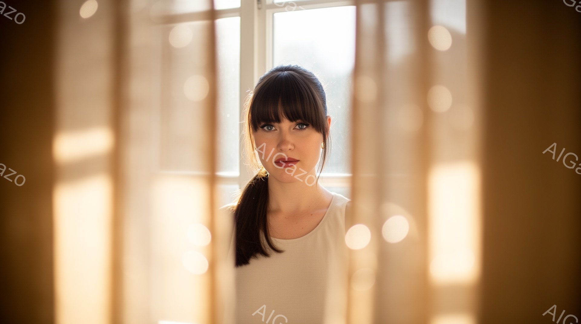 長い黒髪を後ろで一つに結んだ女性が写っている。白いトップスを着ており、少し憂いを帯びた表情で正面を見つめている。背景はぼやけており、窓枠と光の筋が見え、全体的に柔らかく穏やかな雰囲気を醸し出している。