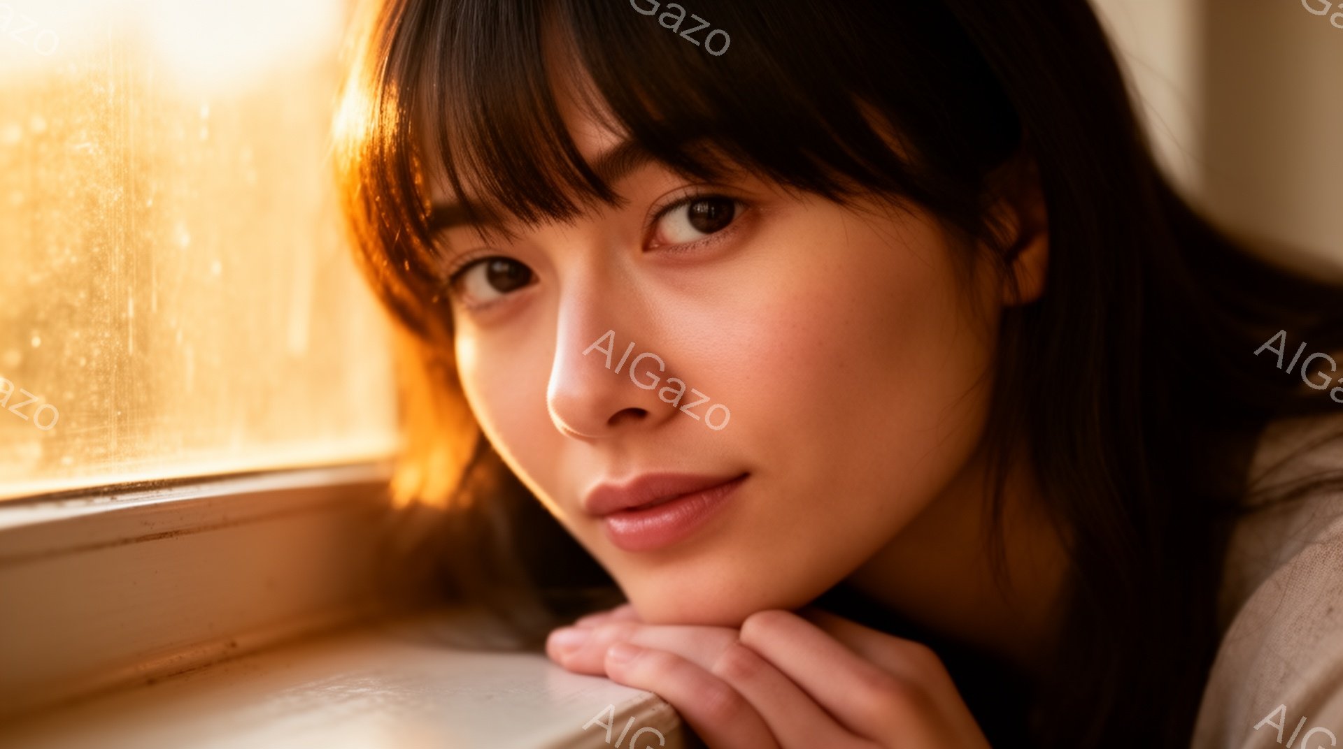 この女性は窓枠にもたれて、優しい微笑みを浮かべています。彼女は肩までのダークブラウンの髪を持ち、自然なメイクをしています。背景はぼやけていますが、窓の外には光が差し込み、暖かく穏やかな雰囲気を醸し出しています。