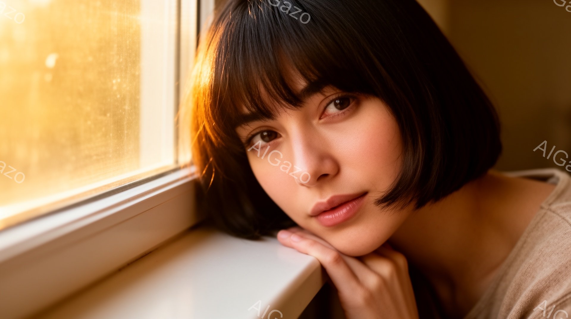 ショートカットの女性が窓辺に座り、片手で顎を支えています。彼女はベージュ色のトップスを着ており、表情は穏やかでどこか憂いを帯びています。背景はぼやけていますが、窓の外には暖色の光が差し込み、全体的に優 - AI生成フリー素材