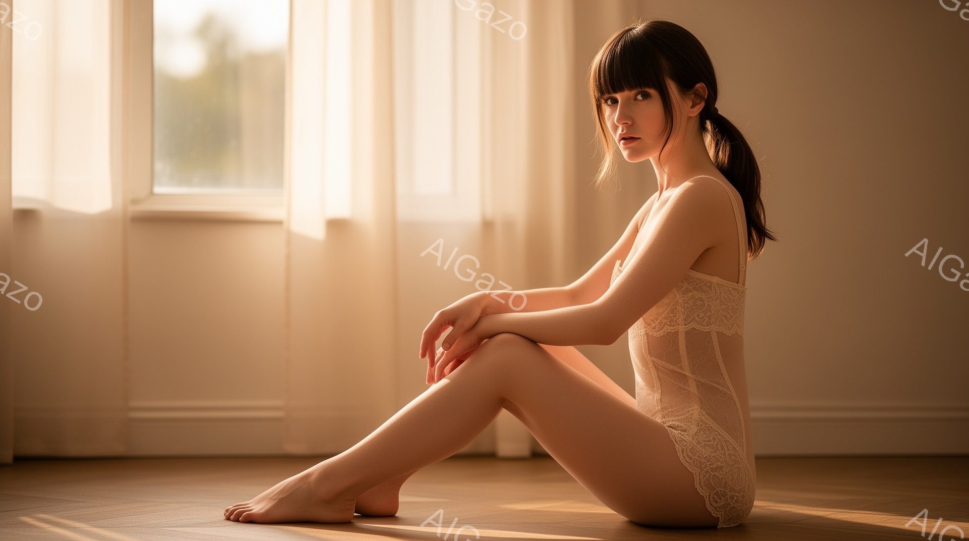 柔らかな光が差し込む室内で、若い女性が床に座っている。彼女は繊細なレースのキャミソールを身につけ、足を組み、物憂げな表情で遠くを見つめている。背景には窓と白い壁があり、全体的に暖かく、物静かな雰囲気を醸し出している。