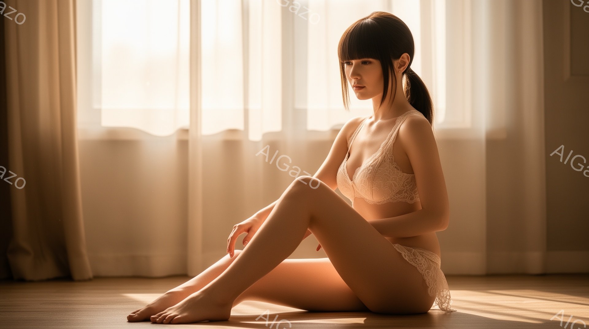 長い黒髪を後ろで一つに結んだ女性が、明るい木製の床に座っています。繊細なレースのブラとショーツを身につけ、少し足を揃えて座り、リラックスした表情をしています。背景には白いカーテンがあり、柔らかい光が差 - AI生成フリー素材