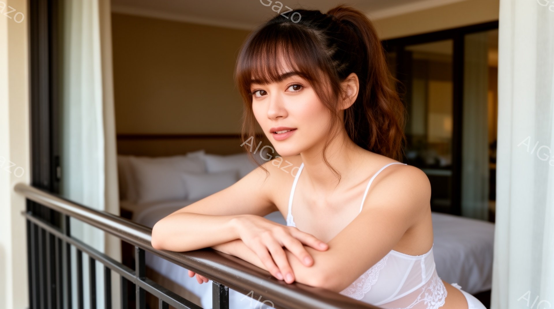 長い茶色の髪をハーフアップにし、白いレースのキャミソールを着た女性がバルコニーの手すりに肘をついて立っている。彼女は微笑みを浮かべ、リラックスした表情をしている。背景にはベッドと部屋が見え、全体的に穏 - AI生成フリー素材
