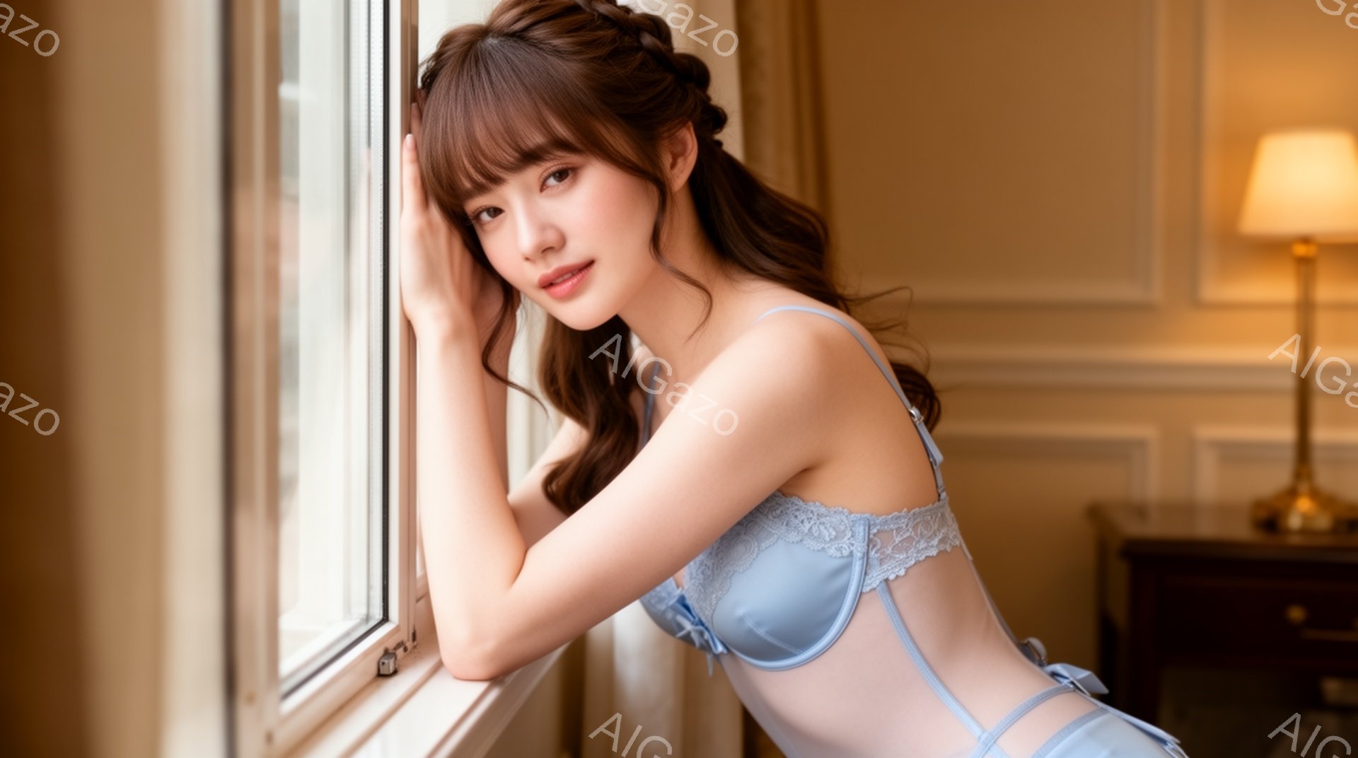 長い茶色の髪をゆるく巻いた女性が、窓枠に寄りかかって微笑んでいます。淡い水色のレースのブラとショーツ姿で、柔らかい表情と優雅なポーズが印象的です。背景には木製のナイトスタンドとランプがあり、全体的に暖 - AI生成フリー素材