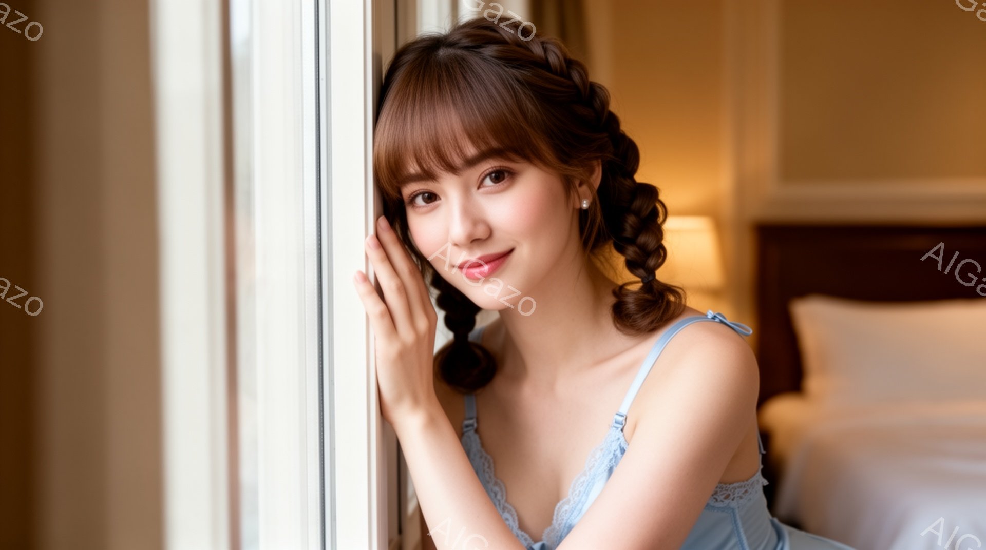 明るいブルーのキャミソールドレスを着た若い女性が、窓枠にもたれて微笑んでいます。彼女は髪を二つの巻き毛のポニーテールにし、頬に手を当てています。背景には、白いベッドと柔らかな照明のある、明るく快適な寝 - AI生成フリー素材
