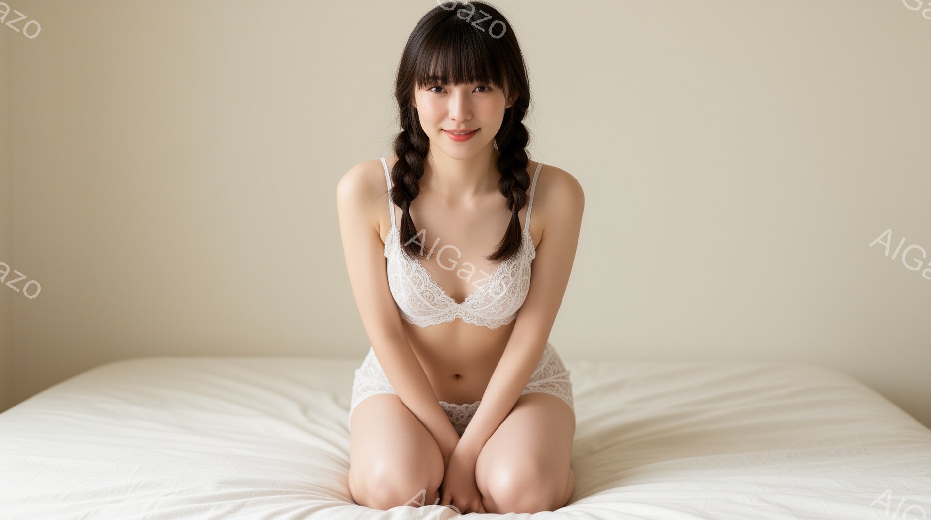 明るい髪の女性が白いベッドの上に座っており、レースのブラとショーツを着用しています。彼女は両膝を立てて座り、微笑んでいます。背景はぼやけた白い壁で、全体的に柔らかく、明るい雰囲気です。 - AI生成フリー素材