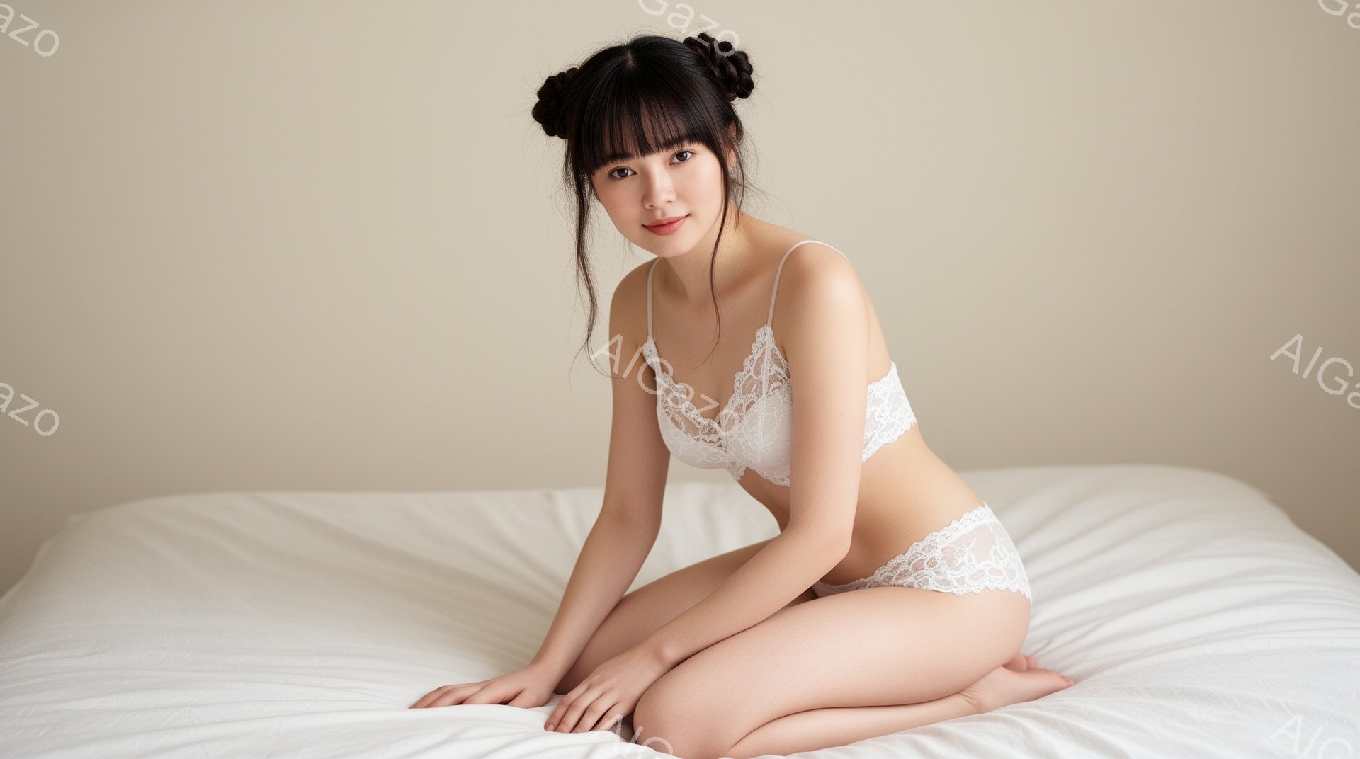 長い黒髪を二つの団子状にまとめた女性が、白いベッドの上に座っています。レースの白い下着を身に着け、少し微笑んだ表情でカメラを見つめています。背景はぼやけており、全体的に柔らかく、明るい雰囲気です。 - AI生成フリー素材