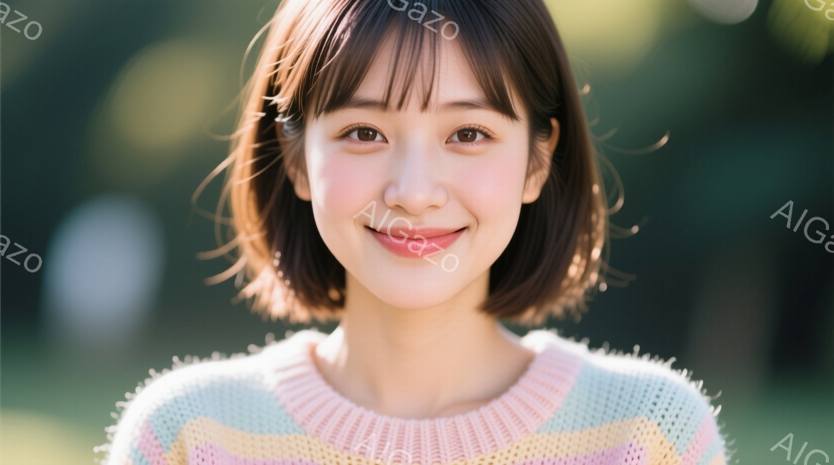 ショートヘアの女性が正面を見つめて微笑んでいます。パステルカラーのストライプのセーターを着ており、背景はぼやけた緑色の自然で、柔らかく明るい雰囲気です。彼女の表情は穏やかで、親しみやすい印象を与えます - AI生成フリー素材