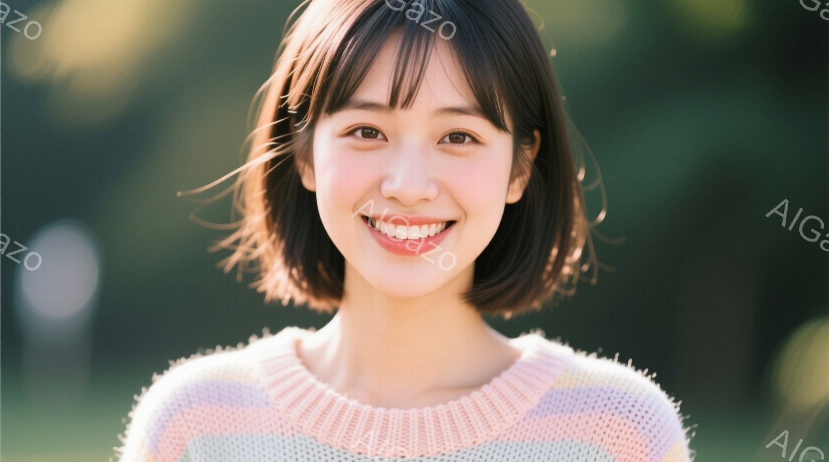 短い茶髪のヘアスタイルで、明るい笑顔を浮かべた若い女性が写っています。彼女は、ピンク、白、水色のストライプのセーターを着ており、背景は緑色のぼやけた自然で、春または夏の穏やかな屋外の雰囲気が漂っていま - AI生成フリー素材