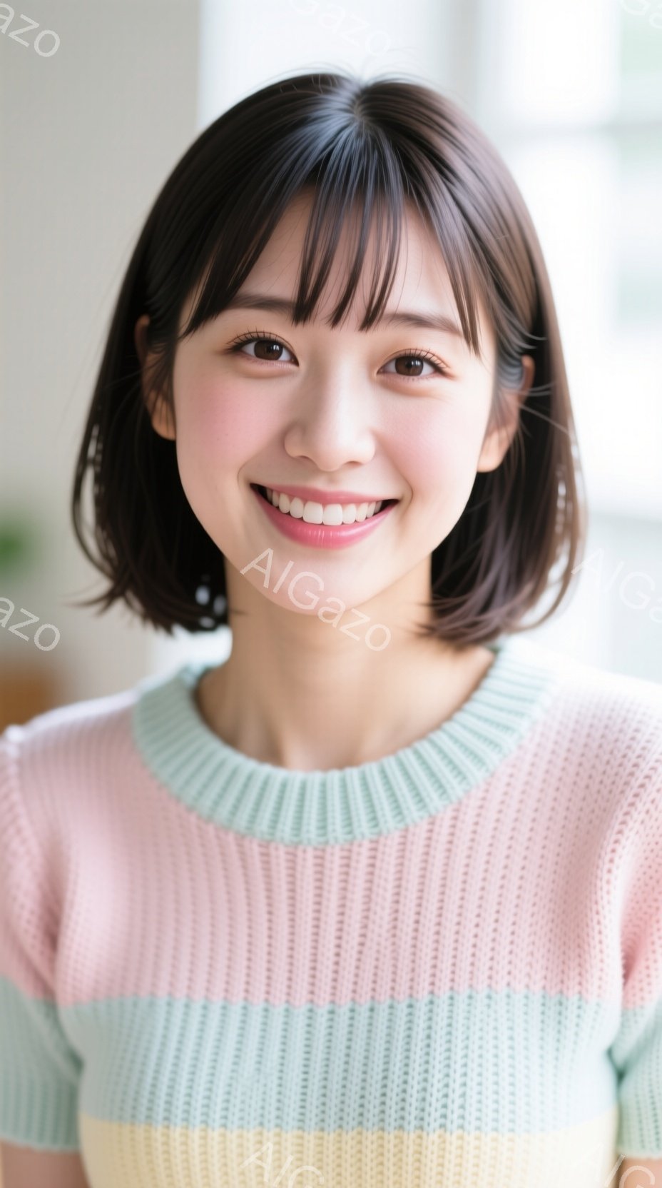 若い女性が正面を向いて微笑んでいます。彼女はピンク、黄、水色のストライプのセーターを着ており、前髪が目の上にかかる程度の長さのダークブラウンのショートヘアです。背景はぼかされており、室内であることがわ - AI生成フリー素材