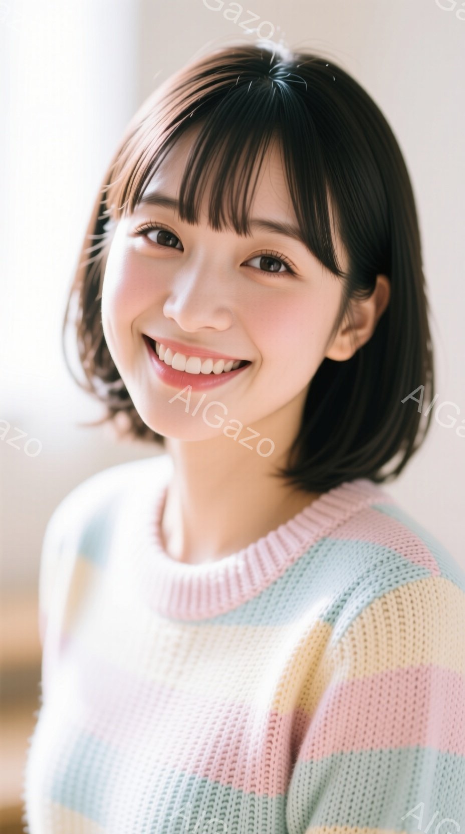 明るい笑顔を見せる若い女性が写っている。彼女は、パステルカラーのストライプのセーターを着ており、肩までの長さの黒髪は、前髪で額を覆っている。背景はぼやけており、柔らかく温かい雰囲気を醸し出している。 - AI生成フリー素材