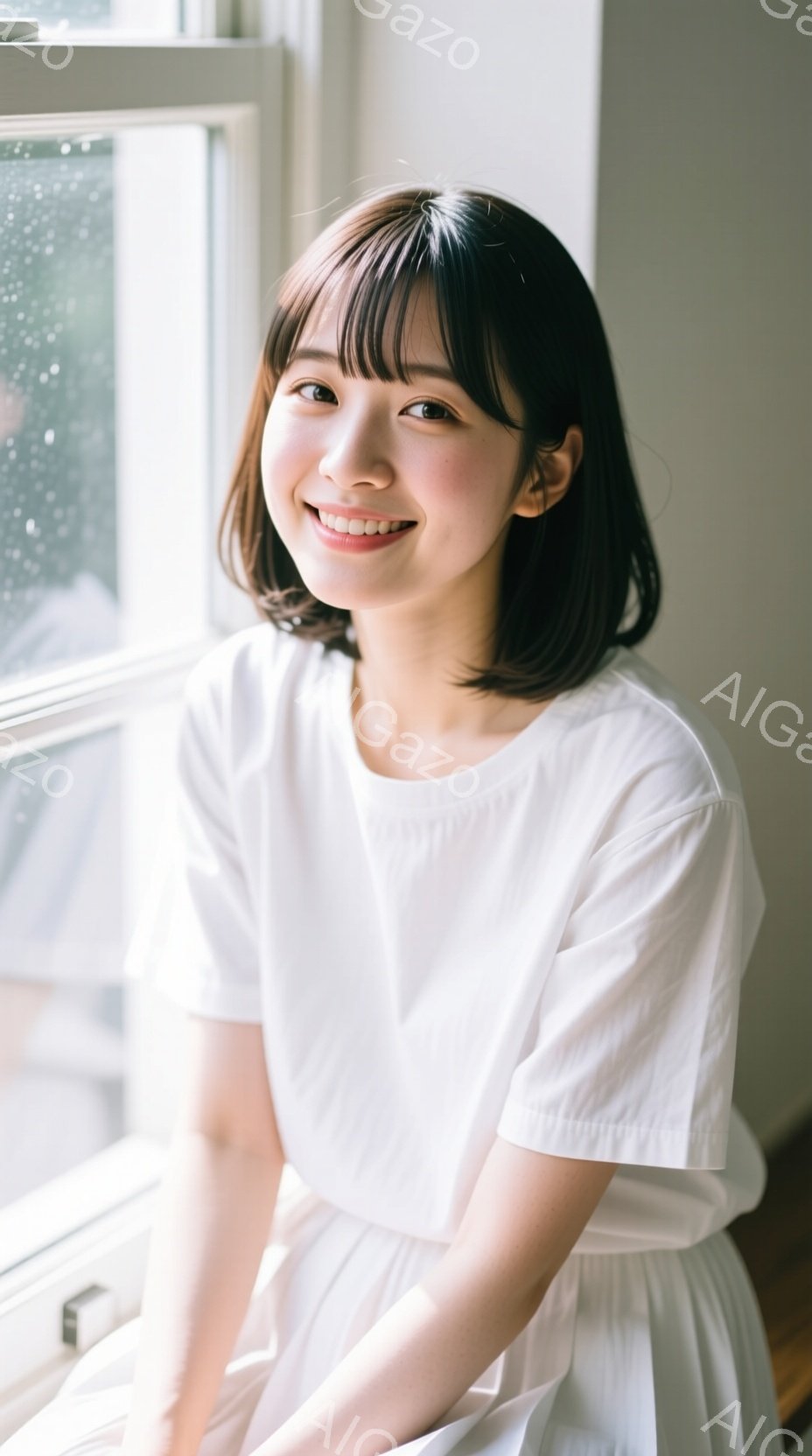 短い茶色の髪の女性が、白いブラウスを着て微笑んでいます。彼女は少し内側に入った姿勢で、壁のそばにある窓のそばに座っています。背景は明るく、窓の外は少しぼやけており、雨が降っているようです。 - AI生成フリー素材
