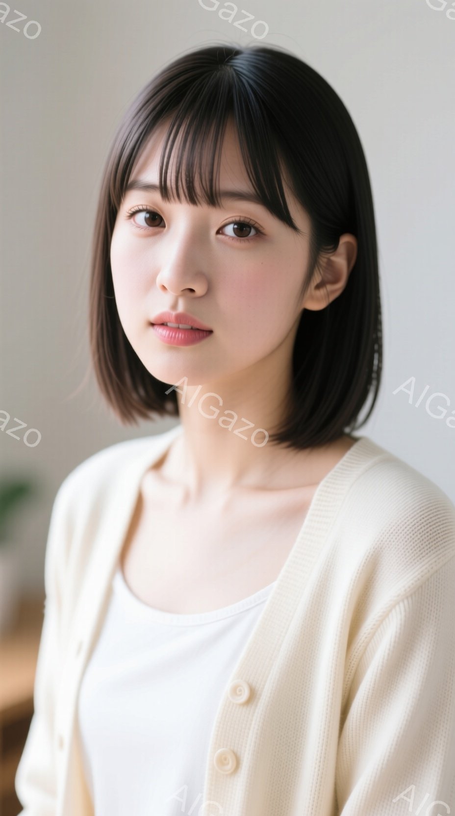 画像は、肩までの長さの黒髪で前髪が眉毛にかかる女性のポートレートです。白いインナーに薄いクリーム色のカーディガンを着ており、穏やかで控えめな表情をしています。背景はぼやけていますが、室内で自然光が入っ - AI生成フリー素材