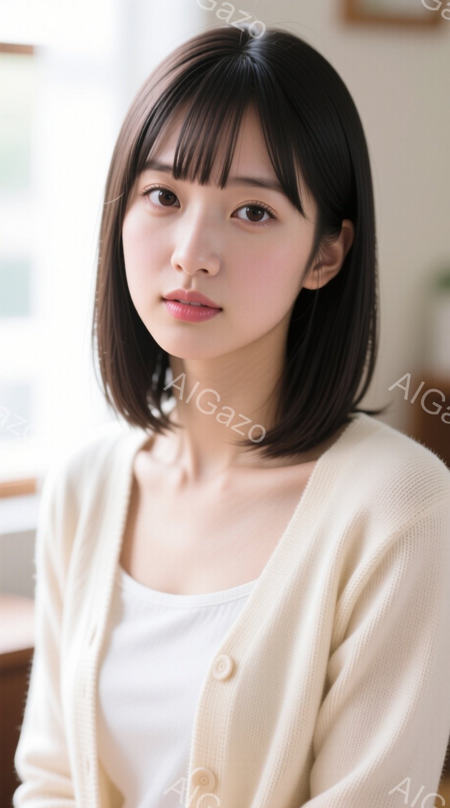 ショートヘアの女性が写っており、前髪は眉毛にかかるように切り揃えられています。オフホワイトのカーディガンを羽織り、その下に白いタンクトップを着ています。背景はぼかされており、室内の自然光が柔らかく彼女を照らしています。