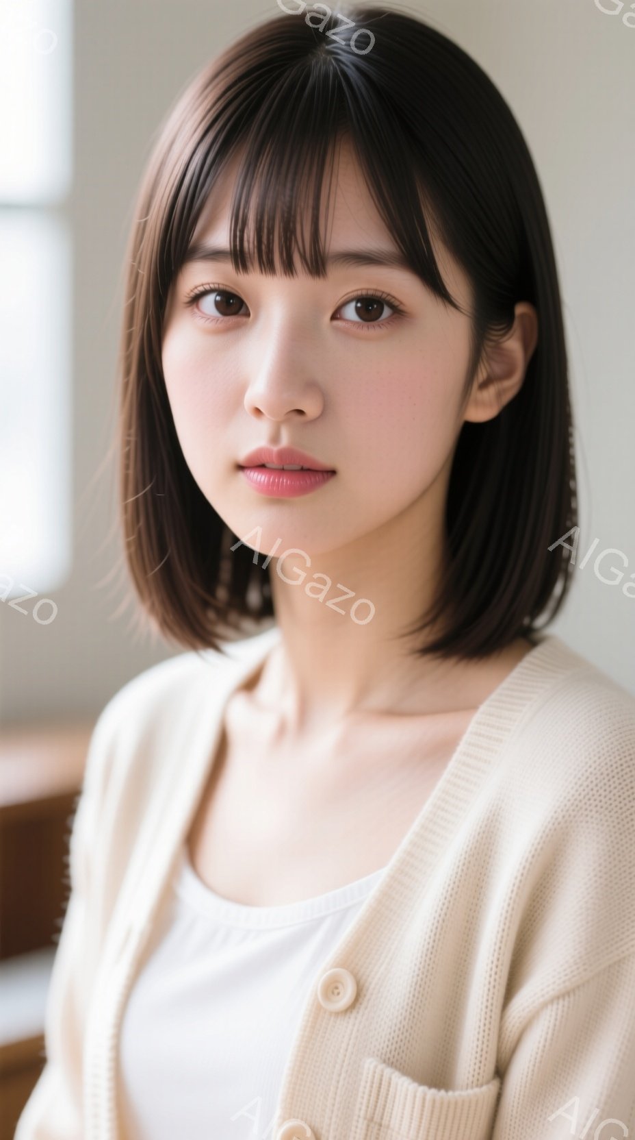 この女性は、ベージュのカーディガンと白いインナーを着て、肩までの長さの黒髪をしています。彼女はわずかに微笑んでおり、穏やかで優しい表情をしています。背景はぼやけていますが、室内であることがわかります。 - AI生成フリー素材