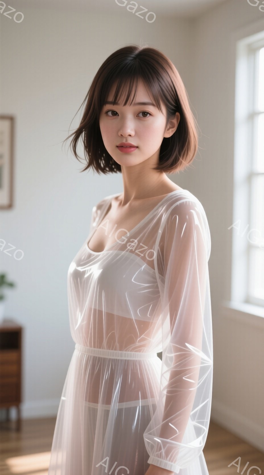 明るい色の髪を肩のあたりで切りそろえた女性が、半透明の白いワンピースを着て立っています。彼女は穏やかな表情でカメラを見つめており、背景には木製のキャビネットと窓が見えます。全体的に、柔らかく自然光に包まれた、静かで穏やかな雰囲気です。