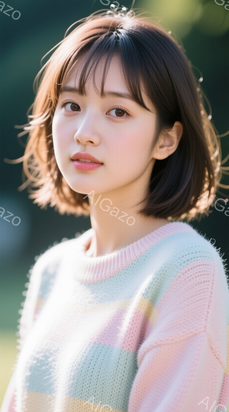 ショートヘアの女性が、パステルカラーのセーターを着て、少し微笑んでいます。彼女の髪は肩の長さで、前髪はふんわりとしており、全体的に柔らかい印象を与えます。背景は緑豊かな自然で、明るい日差しが彼女を照ら - AI生成フリー素材