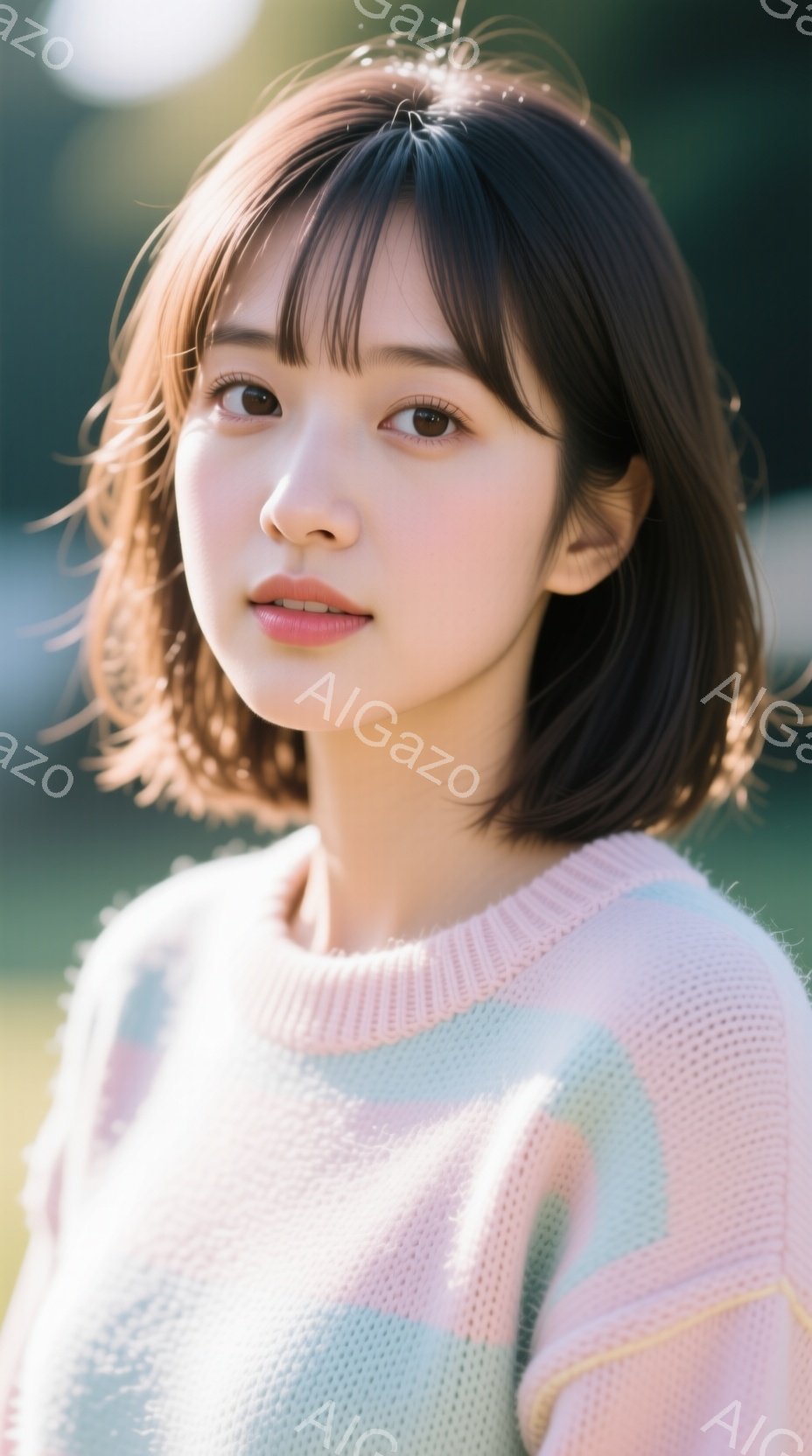 ショートヘアの女性が写っており、ピンクと水色のブロック状のセーターを着ています。彼女はわずかに微笑んでおり、穏やかで優しい表情をしています。背景は緑豊かな自然で、光が差し込み、暖かく柔らかい雰囲気を醸 - AI生成フリー素材