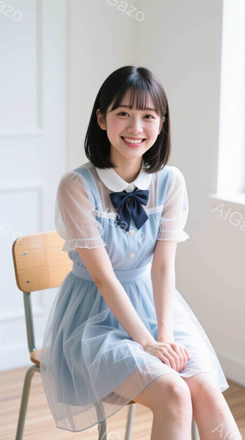 明るいブルーのワンピースを着た若い女性が写っています。ワンピースは透け感のある素材で、フリルとリボンが可愛らしい印象です。彼女は椅子に座り、穏やかな笑顔を浮かべており、背景はシンプルな白い壁で、全体的に柔らかく、親しみやすい雰囲気が漂っています。