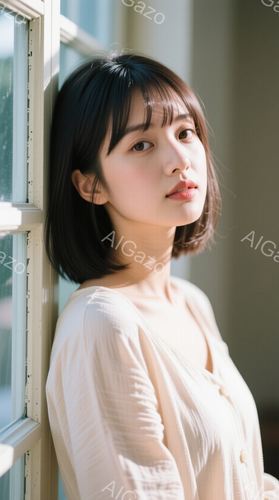 ショートヘアの女性が、クリーム色のシャツを着て、窓枠にもたれかかって立っています。彼女は少し微笑んでおり、穏やかな表情をしています。背景はぼやけていますが、窓枠から差し込む光とクリーム色の壁が、全体的 - AI生成フリー素材
