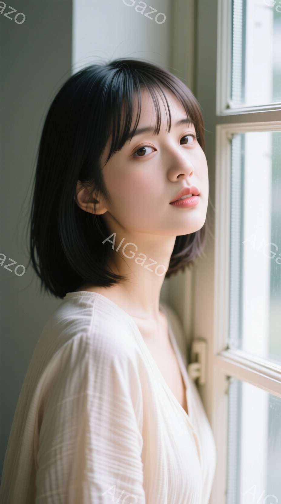 この女性は、明るいクリーム色のVネックブラウスを着ており、ダークブラウンのストレートヘアを肩の長さで整えています。彼女は窓のそばでわずかに横を向き、穏やかで物憂げな表情をしています。窓の外には緑が見え - AI生成フリー素材