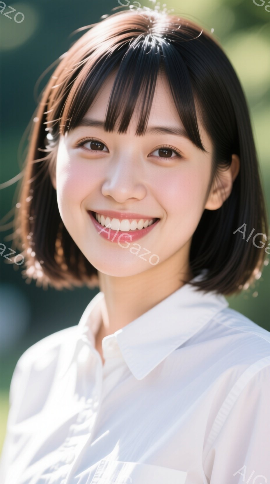 この女性は、明るい笑顔を浮かべた、ショートヘアの若い女性です。白いシャツを着ており、背景には緑豊かな自然がぼやけて見えます。全体的に、親しみやすく、爽やかな印象を与える写真です。 - AI生成フリー素材