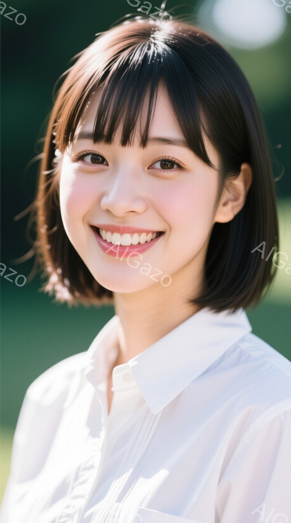 画像は、明るい笑顔を浮かべた若い女性のポートレートです。彼女は白いシャツを着ており、肩までの長さの黒髪は軽やかに流されています。背景は緑豊かな自然で、光のフレアが加わり、全体的に温かく柔らかな雰囲気を - AI生成フリー素材